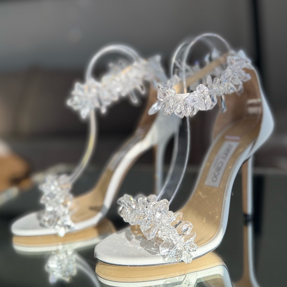 New Jimmy Choo White Maisel 100 Crystal Embellished Leather Sandals 38 - Picture 16 of 17